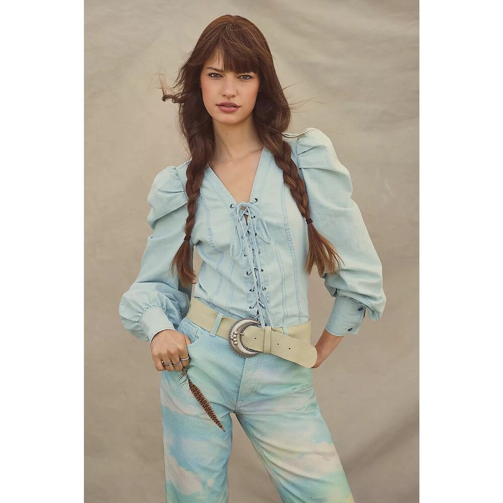 NEW Free People Lace Up Light Wash Cotton Denim Corset Top Size Small